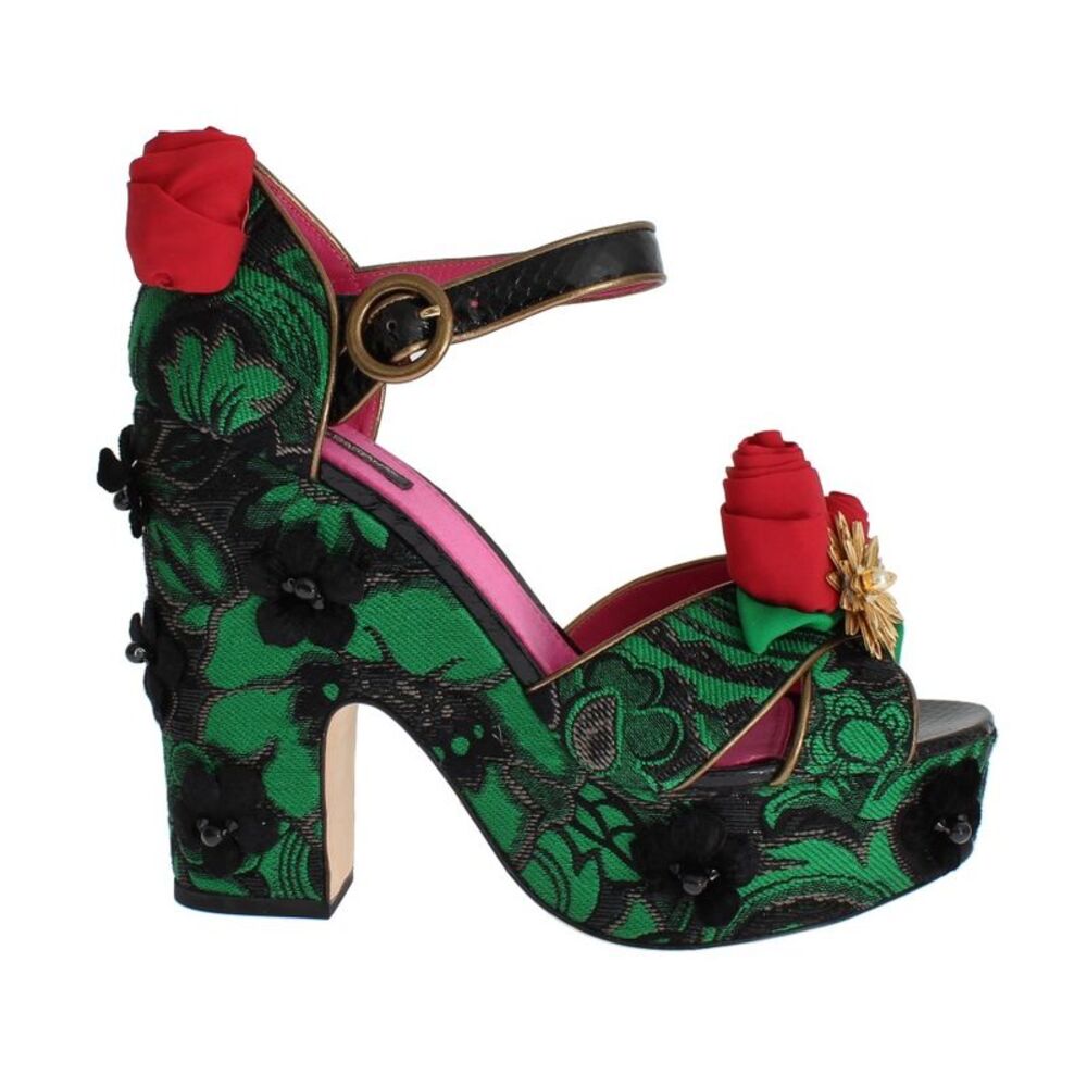 Dolce & Gabbana Green Brocade Snakeskin Roses Crystal Women's Shoes